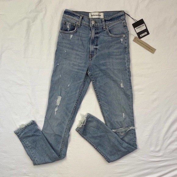 Reformation High Waisted Skinny Denim Jeans Size 23 Blue Maui Distressed NWT - Picture 2 of 15